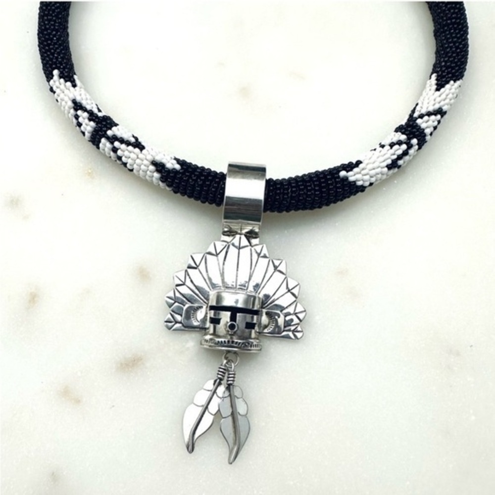 E Silago Navajo Morning Singer Kachina Sterling Silver Pendant & Beaded Necklace